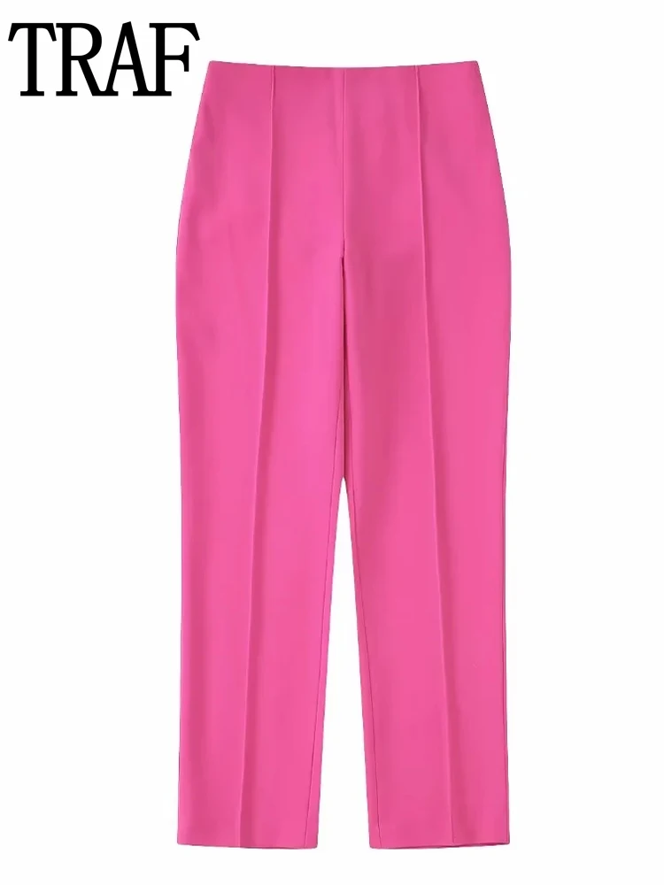 

Брюки TRAF женские с завышенной талией, повседневный уличный костюм, модные прямые штаны в Корейском стиле, розовые, 2022