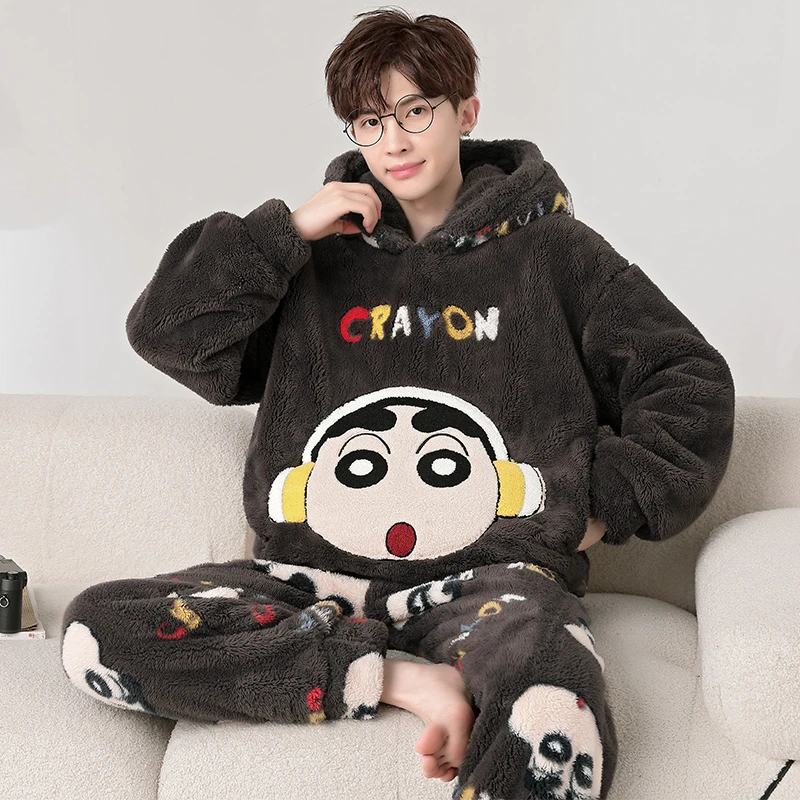 Men's Pajamas Autumn and Winter Coral Fleece Warm Crayon Xiaoxin Flannel Youth Casual Home Wear Can Be Worn outside