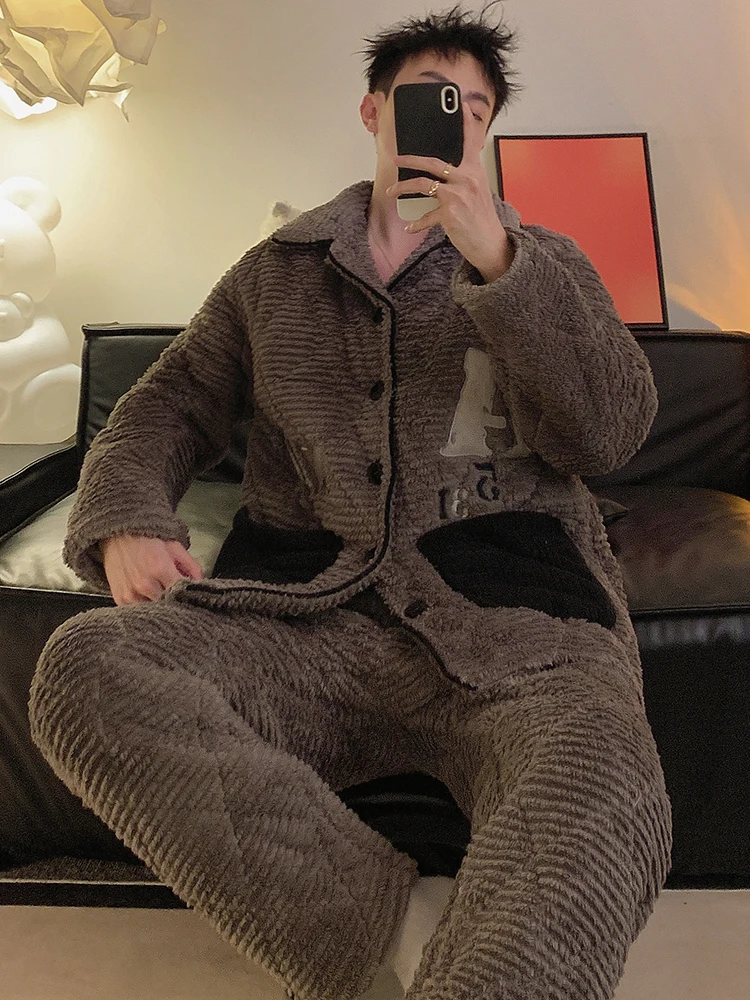 Мужские пижамы из кораллового флиса осенне-зимние утолщенные трехслойные