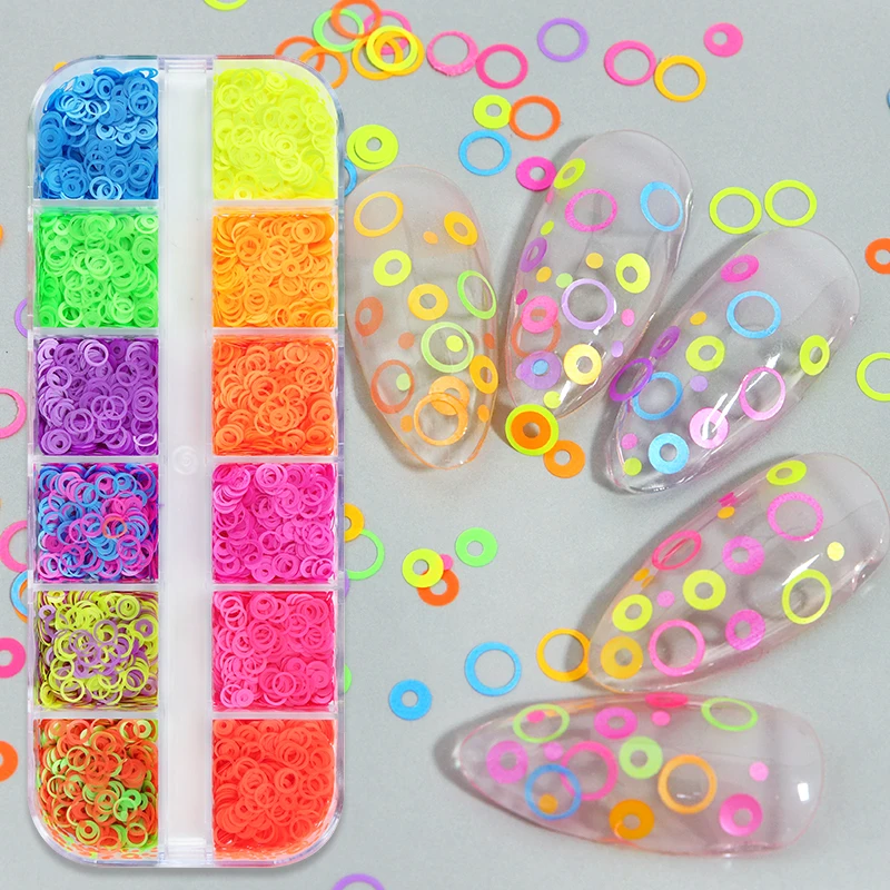 

12 Cells/box of Fluorescent Nail Patches Colorful Hollow Circular Nail Art Accessories Suitable for DIY Nail Patch Stickers