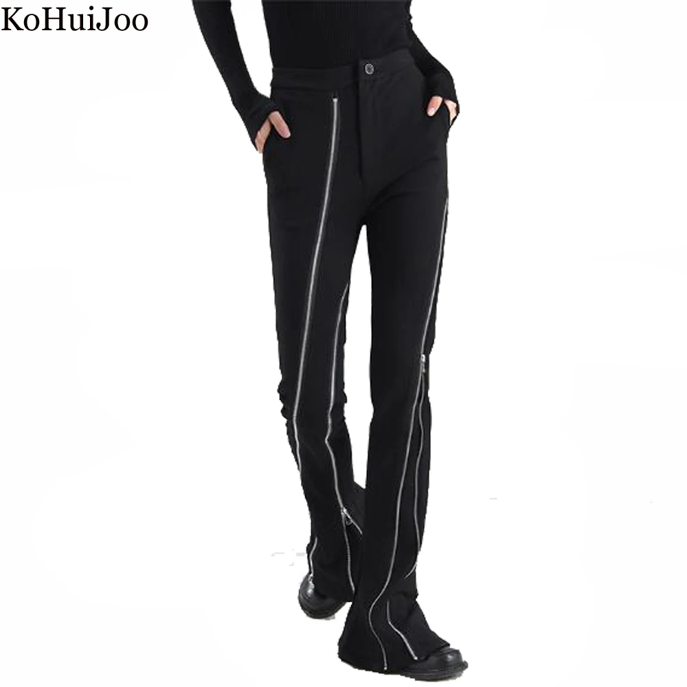 

KoHuiJoo Flare Trousers Women With Split Autumn 2022 Street Style Original Design Fake Zippers Pants High Waist Slim Fashion