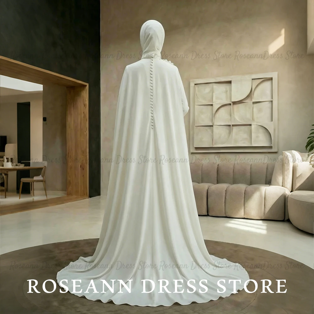 Фото Свадебное платье Roseann: скромное мусульманское атласное платье с высоким воротом, длинными рукавами, накидкой и 3D цветочным декором, свадебное платье (vestido de novia) на заказ №2