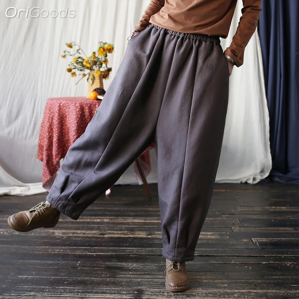 Женские зимние штаны из хлопка и льна X098 свободные утепленные флисовые брюки с
