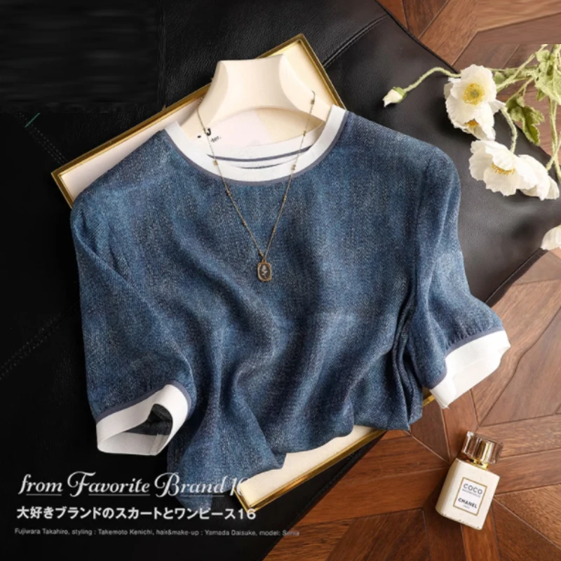 

Short Sleeve Shirts Women Denim-colored Mulberry Silk Blouse Korean Fashion Round Collar Clothes 2023 Summer New Tops 26939