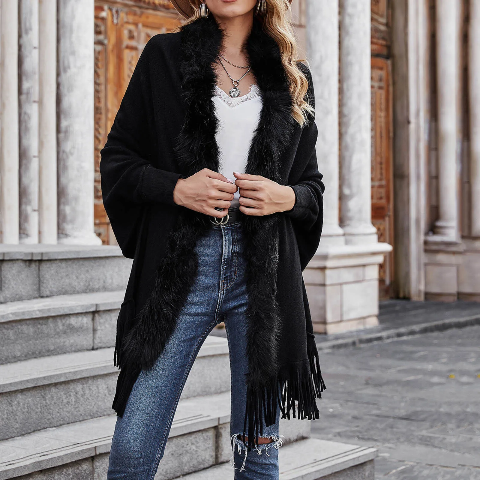 Женский кардиган с бахромой и кисточками шаль женские винтажные накидки пончо