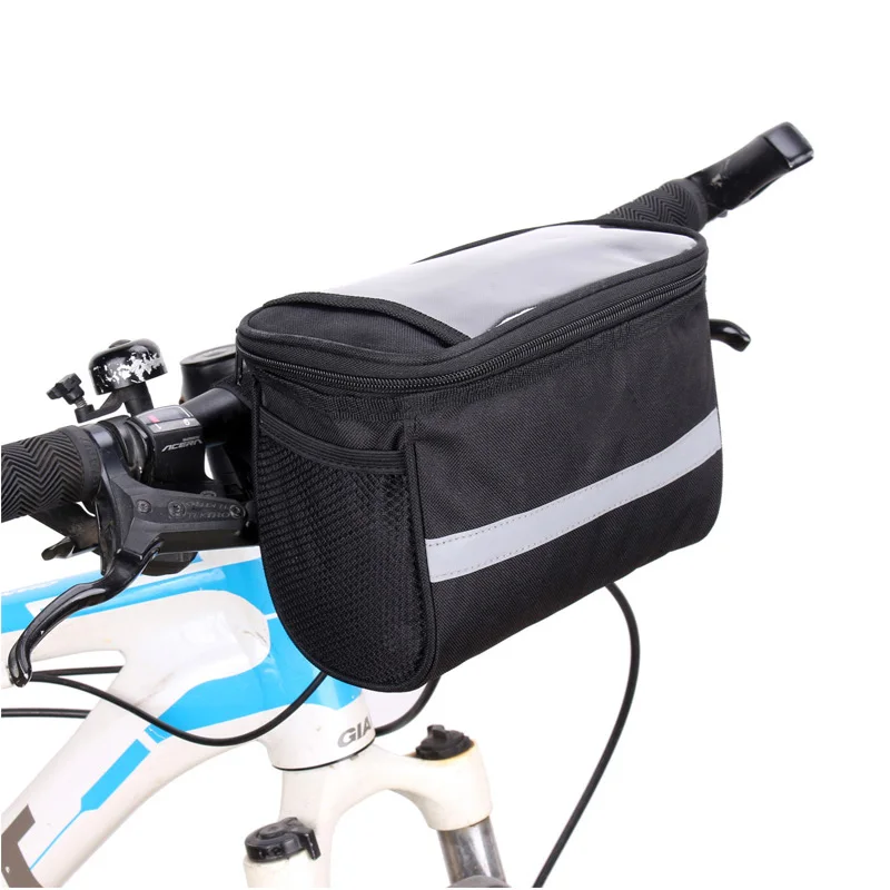 

Bicycle handlebar bag with touch screen, mobile phone holder reflective strip with 2 mesh pockets, bicycle storage bag