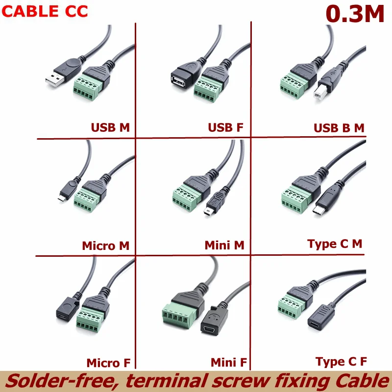 

1ft USB 2,0 гнездо B Micro USB Mini USB Type-C штекер на 5-контактный гнездовой болт винтовой разъем с защитной клеммой переходник Кабель