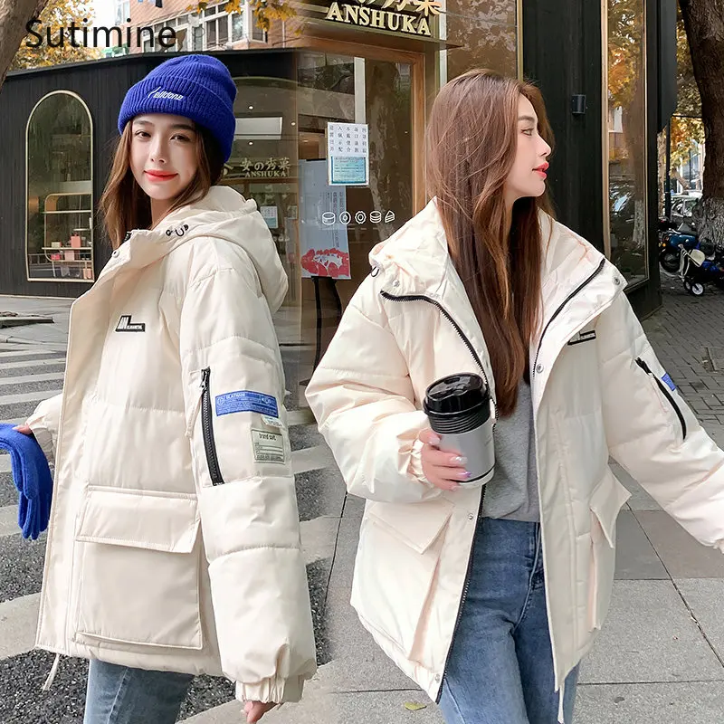 College Style Short Hooded Korean Version Loose Thickened Cotton Padded Jacket Office Lady Black Winter Coat for Women