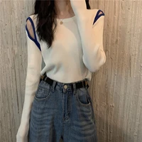 2022 new autumn sexy contrast sweater o neck off shoulder pullovers casual slim thin autumn female sweater korean fashion tops