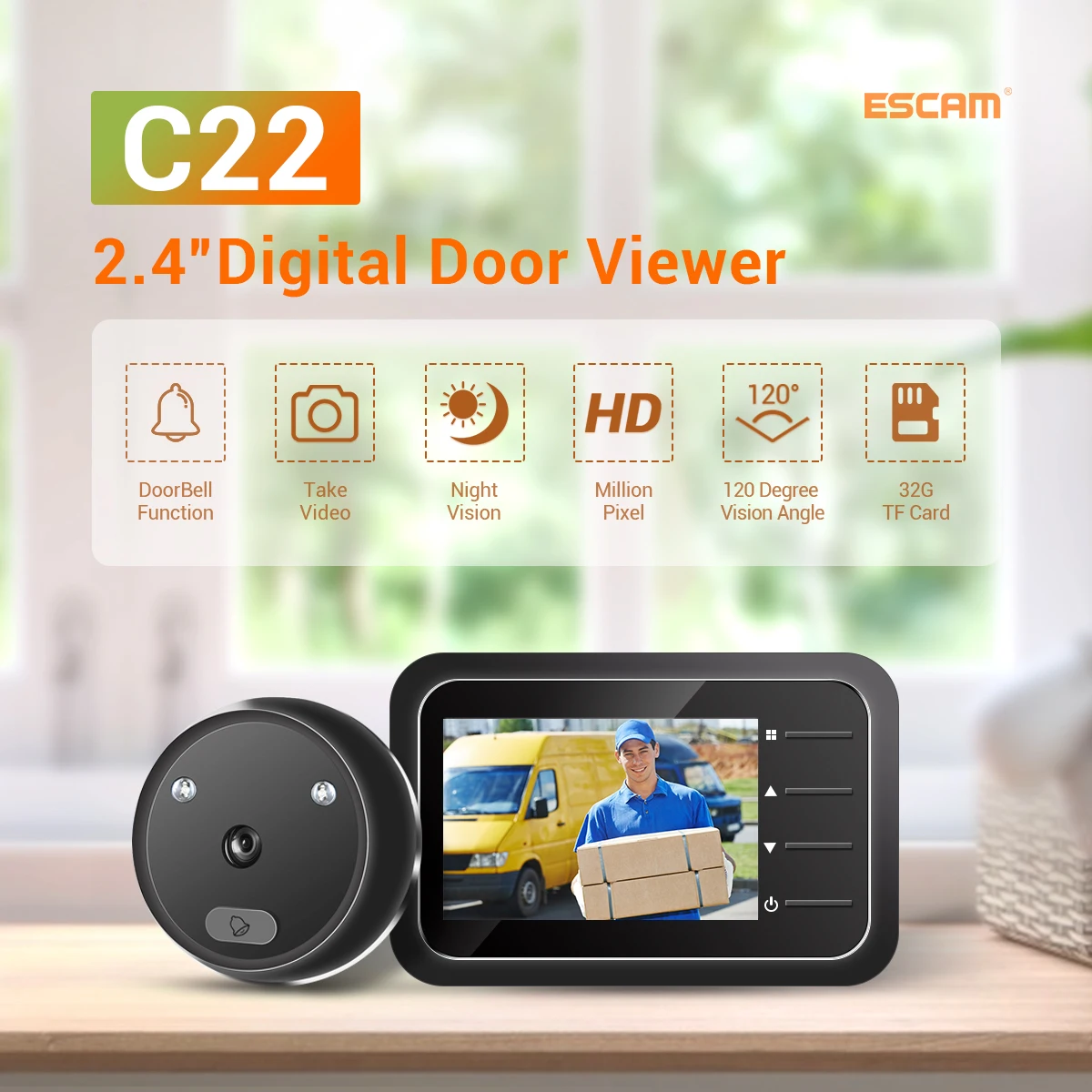 ESCAM C22 2.4Inch 720p Visual Door Viewer IR Night Vision Video Door Phone Peephole Viewer