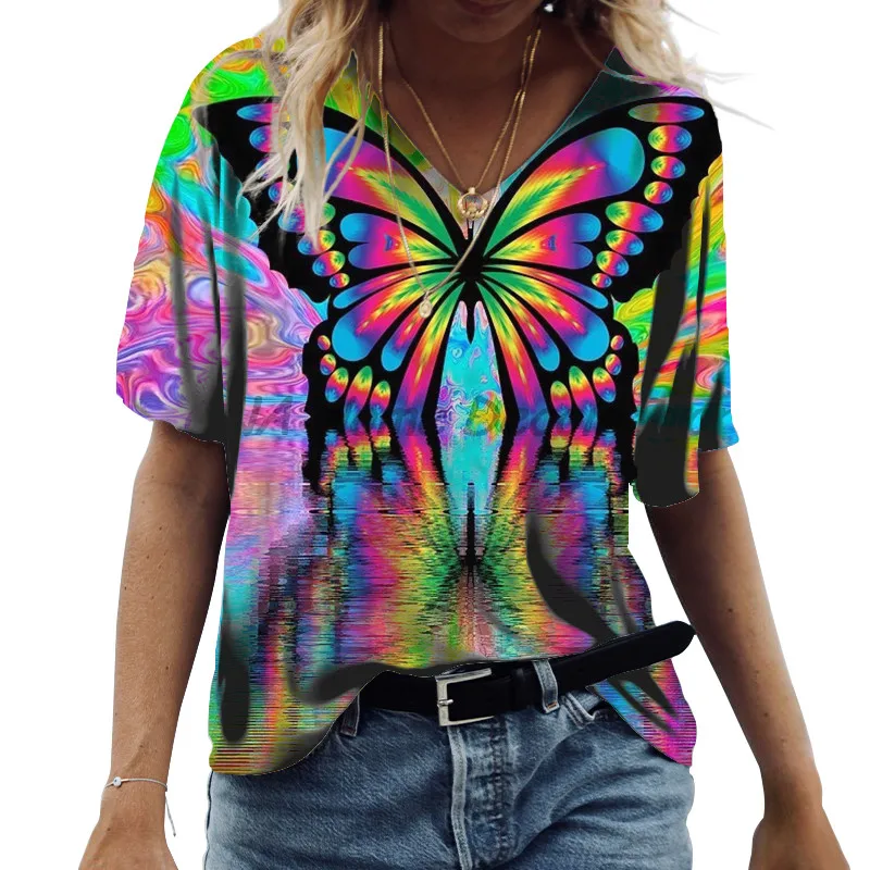 

3D Butterfly Print T Shirt Summer Prairie Chic Tops Fashion Women Cotton T Shirts Clothes Casual Short Sleeve V-Neck Loose Shirt