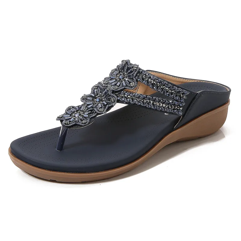 

Summer Women Flip Flops Fashion Flowers String Bead Rhinestones Wedges Slippers Soft Cozy Slides Beach Shoes