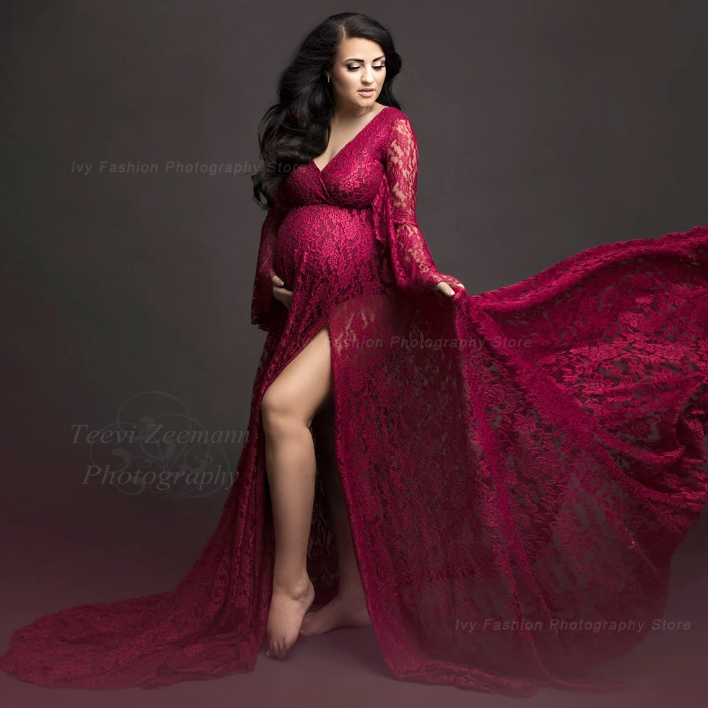 Maternity Photography Props Dresses Rose Lace Flare Sleeve Baby Shower Dress Bohemian Long Dress Sides Slit Boho Style