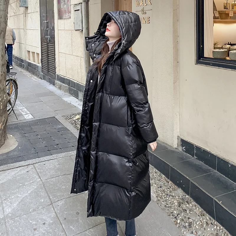 Parkas Women Glossy Bright Leather Parkas Women Mid-Length Thickened below-the-Knee Length Loose Black Coat  Winter Coat Women