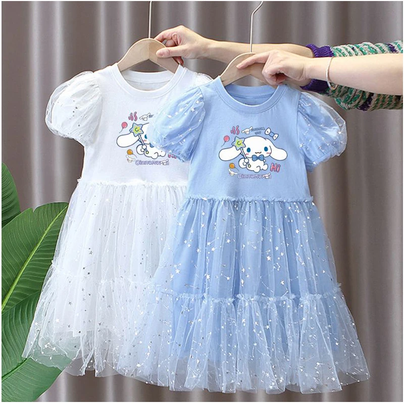 Sanrios Cinnamoroll Kuromi Girl Summer Princess Dress Anime Cartoon Sweet Cute Children Baby Clothing Gauze Skirt Party Dresses
