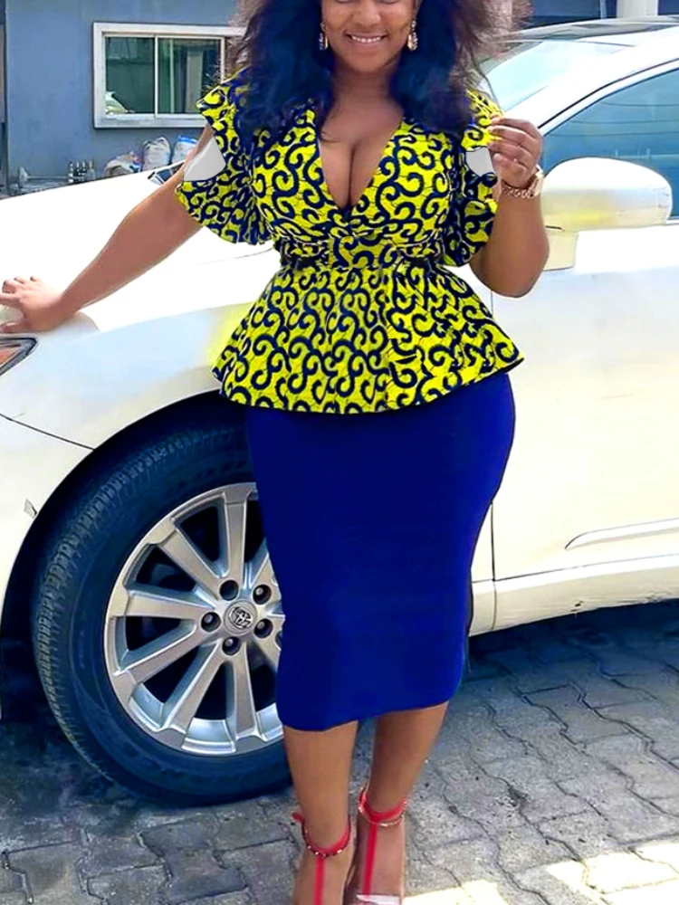 

African Dresses for Women 2023 New Elegant Traditional Printed Swing Flying Sleeve Tunics Knee Dress Big Size Bodycon Outfits
