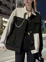 wkfyy women causal oversize black white spliced contrast colors chain buttons loose straight denim jacket coat outwear c4008