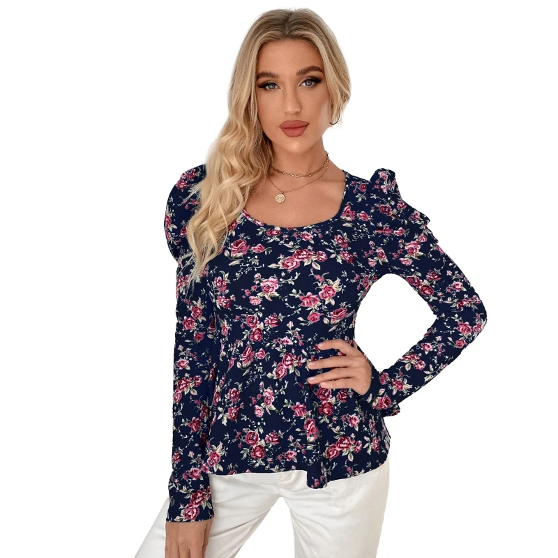 

Women Puff Long Sleeve Square Neck T-Shirt Floral Printed Empire Waist Slim Fitted Blouse Pleated Ruffle Hem Tee Tops Y1QD