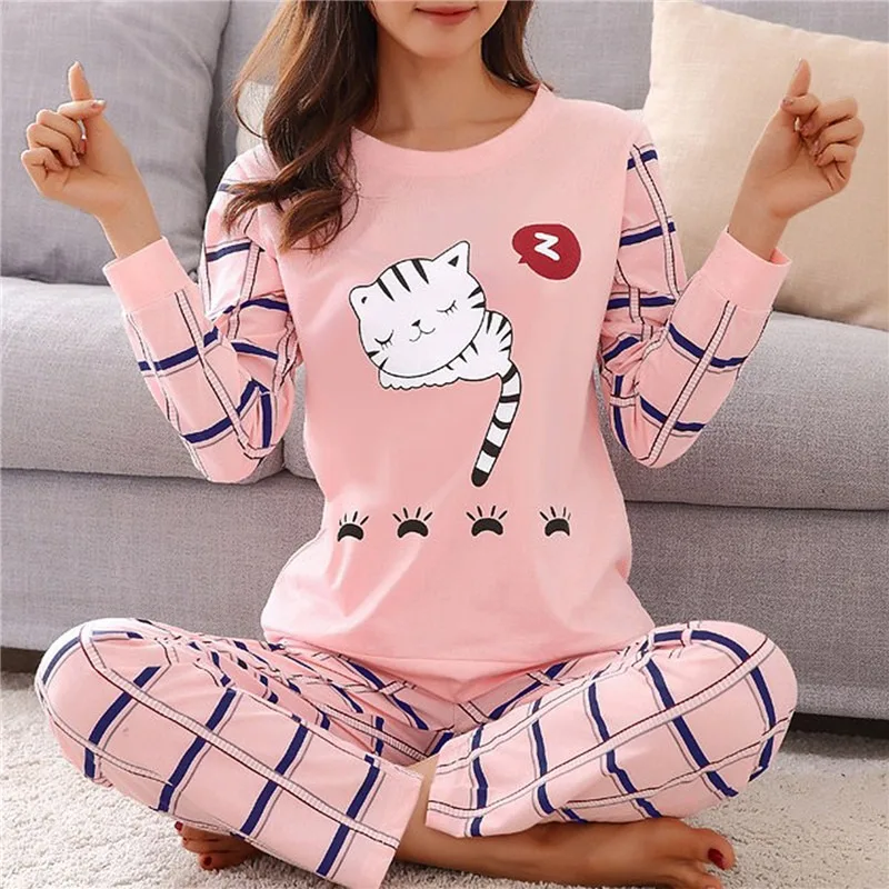 

Women'S Casual Large Cute Cartoon Long-Sleeved Pajamas Home Suitautumn Cotton Pyjamas Cartoon Pijama Set Thin Mujer Sleepwear