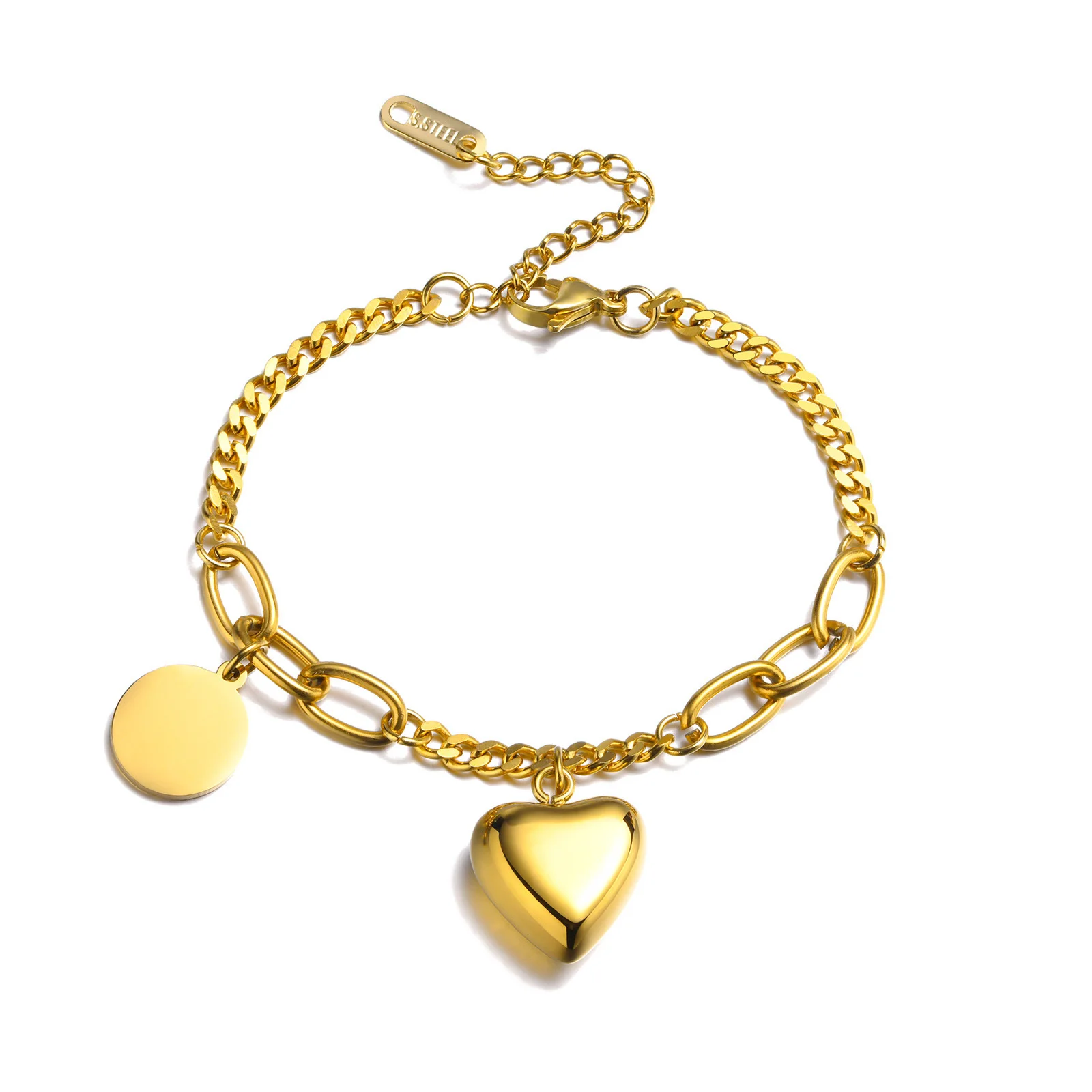 

Women's PVD Gold Tone Stainless Steel Cuban Chain Bracelets,Chic Heart Round Charms Wristband,Length Adjustable,pulseira