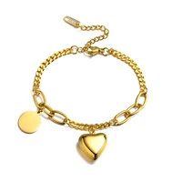 womens pvd gold tone stainless steel cuban chain braceletschic heart round charms wristbandlength adjustablepulseira