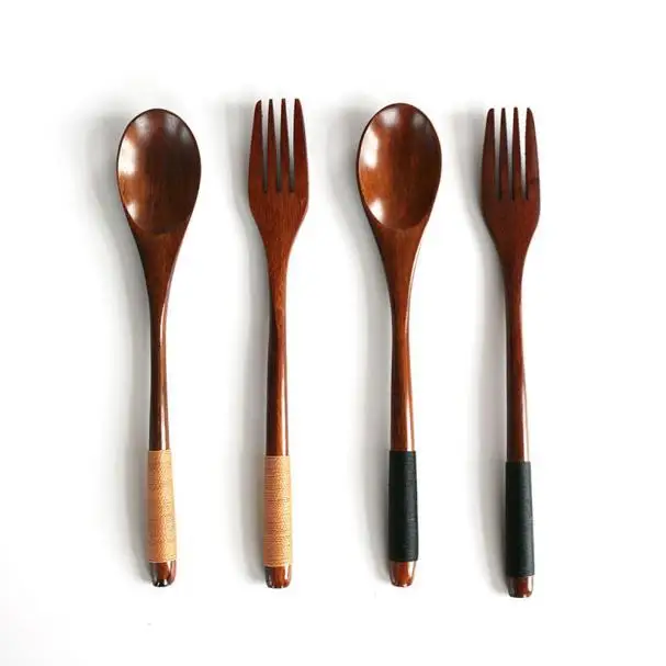 

2Pcs Natural Western Cutlery Wooden Spoon And Fork Cutlery Set Rice Soup Handmade Household Tableware Fruit Dessert Tableware