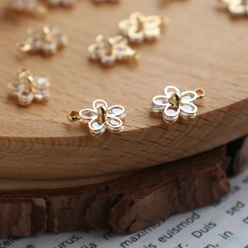 Vacuum Plating K Gold mini Zircon flower cute Drop Pendant little Charms for making jewelry accessories 8.5mm 3pcs |