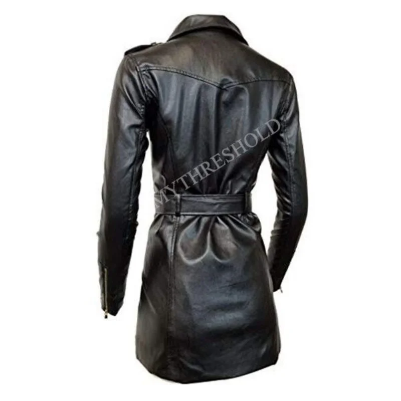 New Women Zip-up Long Jacket Belt Real Leather Trench Coats Leather Jacket