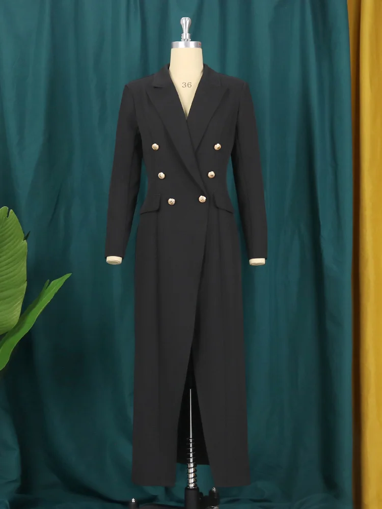 2022 Women Elegant Blazer Dress Sexy Suits Long Sleeve Metal Buttons Maxi Jacket Coat Classy Plus Size Party Dresses