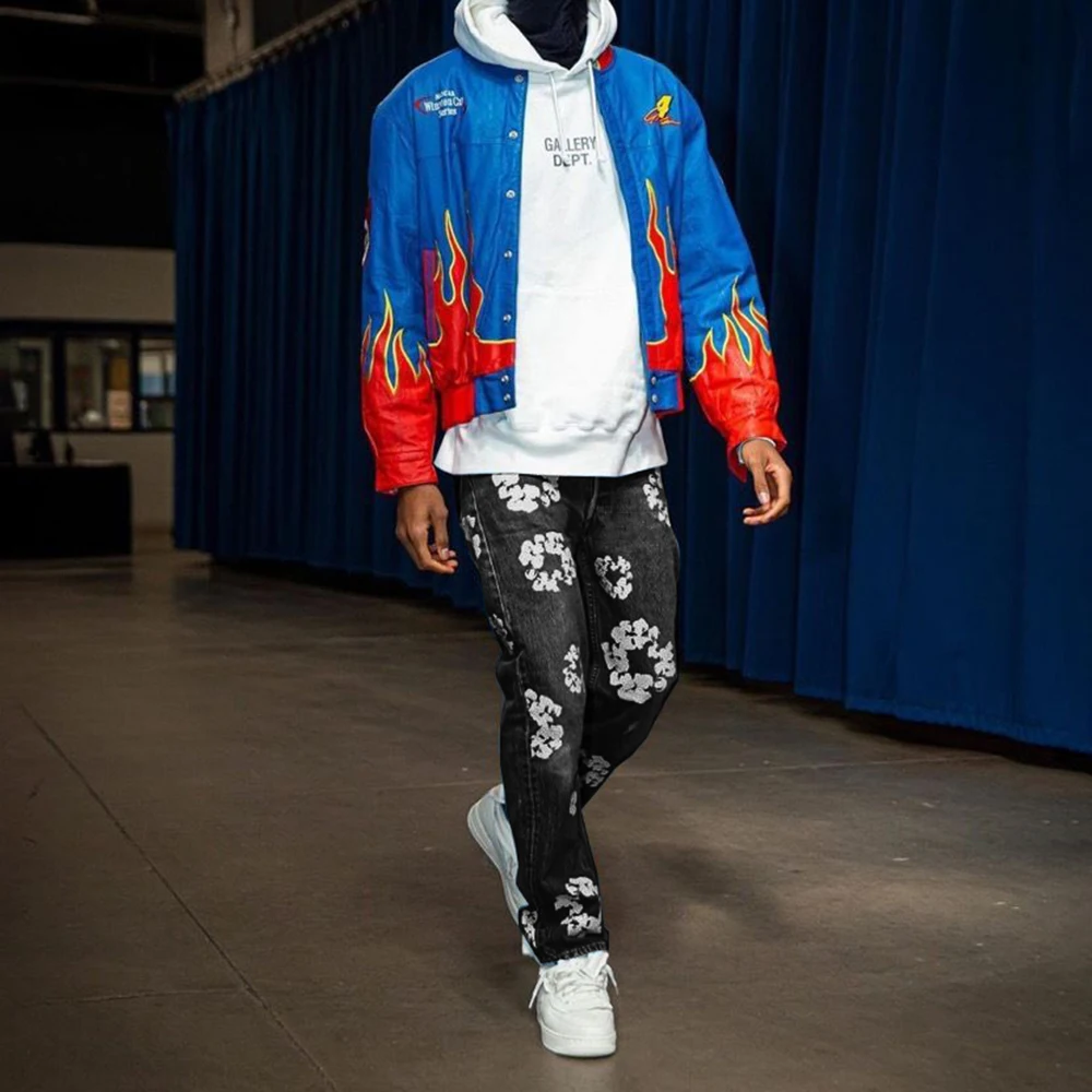 Kanye Heavy Craff Jeans Denim Print Flower Harajuku Streetwear Hip Hop High Streetwear  Rap Vingtage Retro
