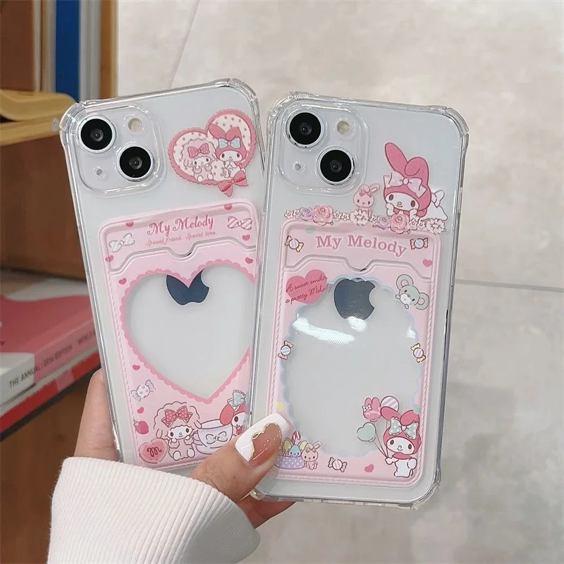 

Cartoon Cute Sanrio My Melody Card Pocket Phone Case for IPhone 14 13 12 11 Pro Max Transparent Anti-drop Soft Back Cover Gifts