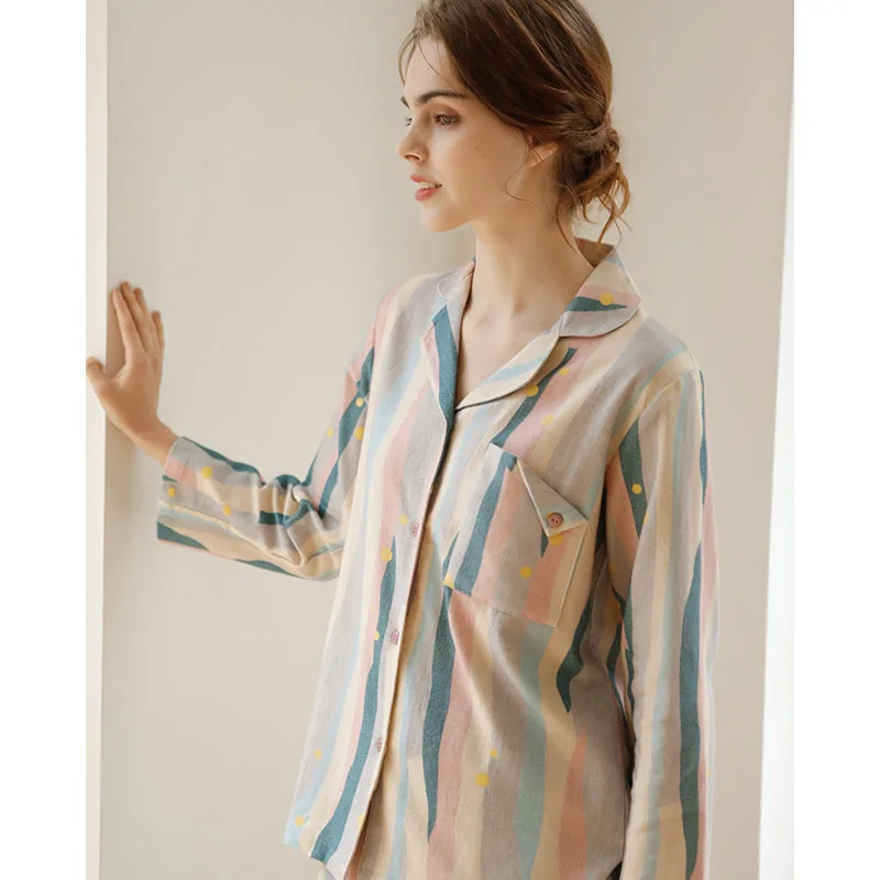 

Пижама женская хлопковая в полоску, свободная повседневная домашняя одежда с длинным рукавом, комплект из 2 предметов, в ретро стиле, Осень-з...