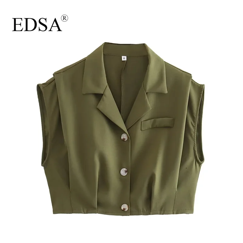 

EDSA Women Green Cropped Waistcoat Summer Single Breasted Sleeveless Vest Button-up Front Outerwear for Office Lady Jacket Coat