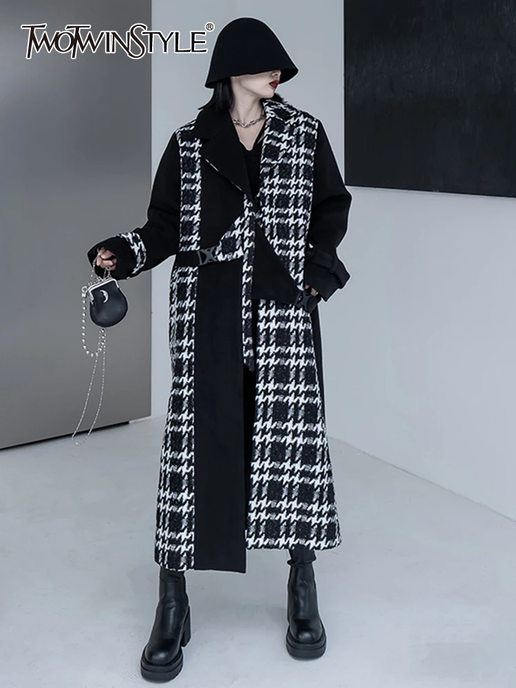 

TWOTWINSTYLE Hit Color Printing Coats For Women Lapel Long Sleeve High Waist Loose Casual Patchwork Button Coat Female Fashion