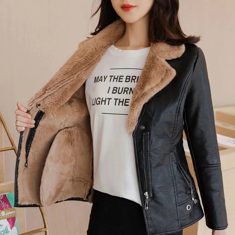 

2023 New Winter Leather Jacket Women's Short Sports Jacket Coat Fleece Double Face Fur Leather Coat Ladies Slim Suit Top