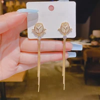 fashion white rose flower opal crystal long tassel drop earrings for women gold color bride wedding party earring jewelry gifts