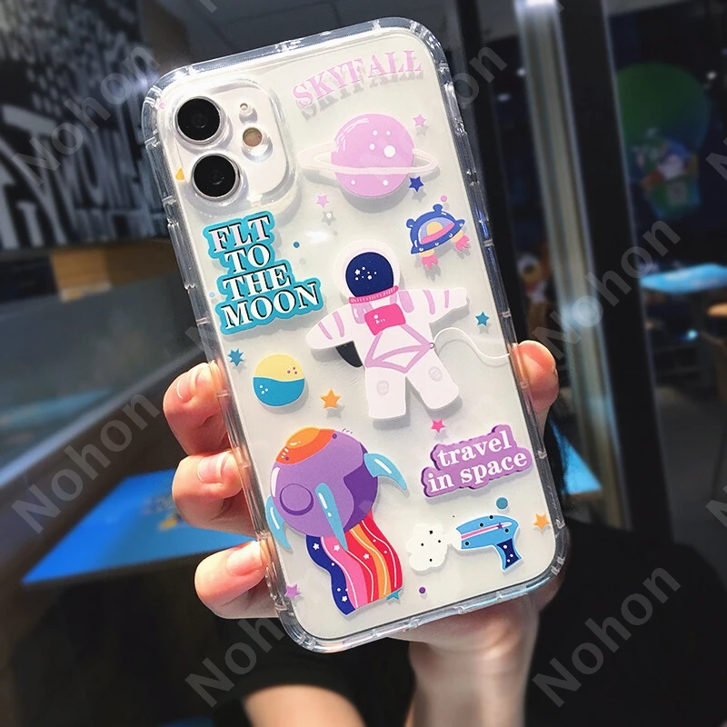 

Transparent Cute Cartoon scrawl Astronaut Phone Case For iPhone 11 13 12 Pro Max Mini XR XS 7 8 6S Plus Luxury Shockproof shell