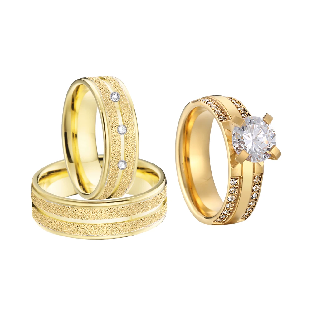 3pcs Wedding Engagement Rings Sets For Women 24k Gold Plated Western Jewelry Cubic Zirconia Diamond bijoux mariage