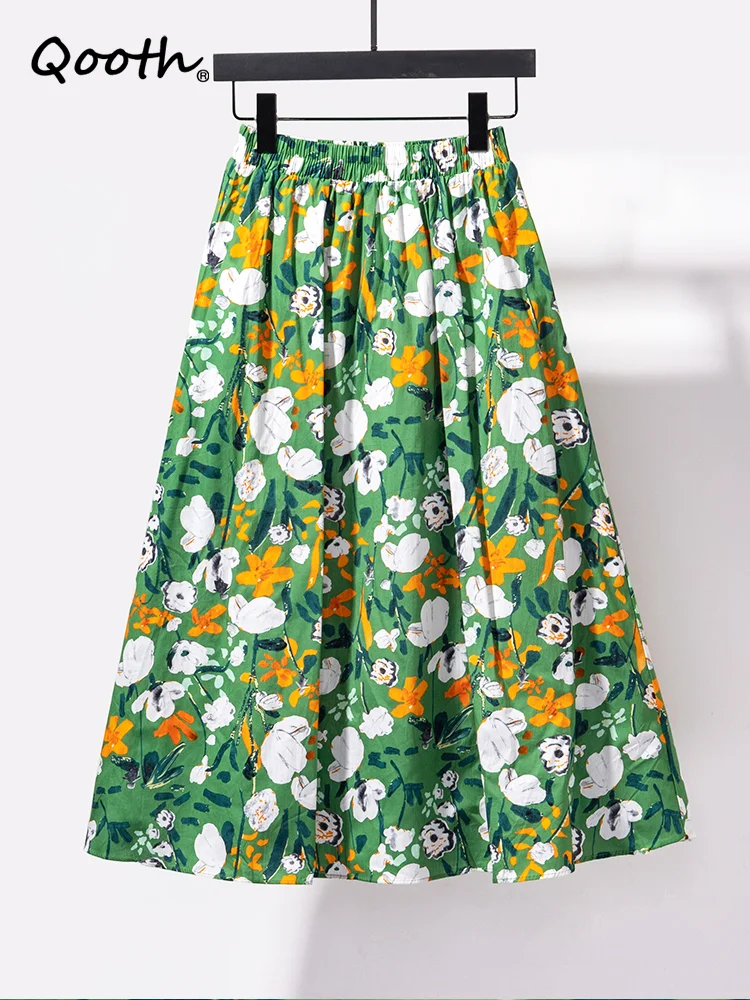 

Qooth Floral Print High Waist Green Skirt Women Vintage Casual Midi Long A-line Skirt For Spring Summer QT1559