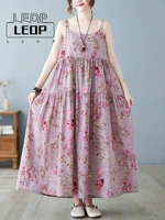 ledp womens dress sleeveless strap cotton linen retro floral dress womens casual loose long summer elegant womens skirt