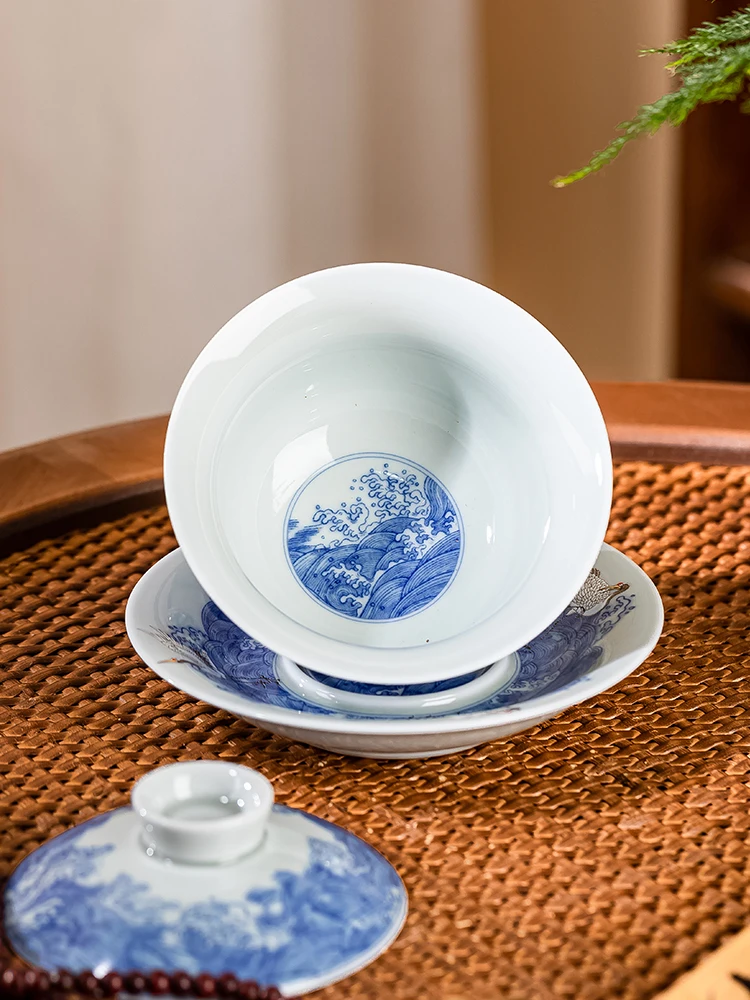 Китайский ретро Цзиндэчжэнь Gaiwan сине-белый журавль домашний антиожоговый чай