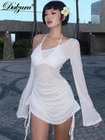 Dulzura однотонное мини-платье с косым воротником и рюшами на бретелях на шнуровке, прозрачное мини-платье на шнуровке, лето 2023, женская вечерние клубная одежда, оптовая продажа