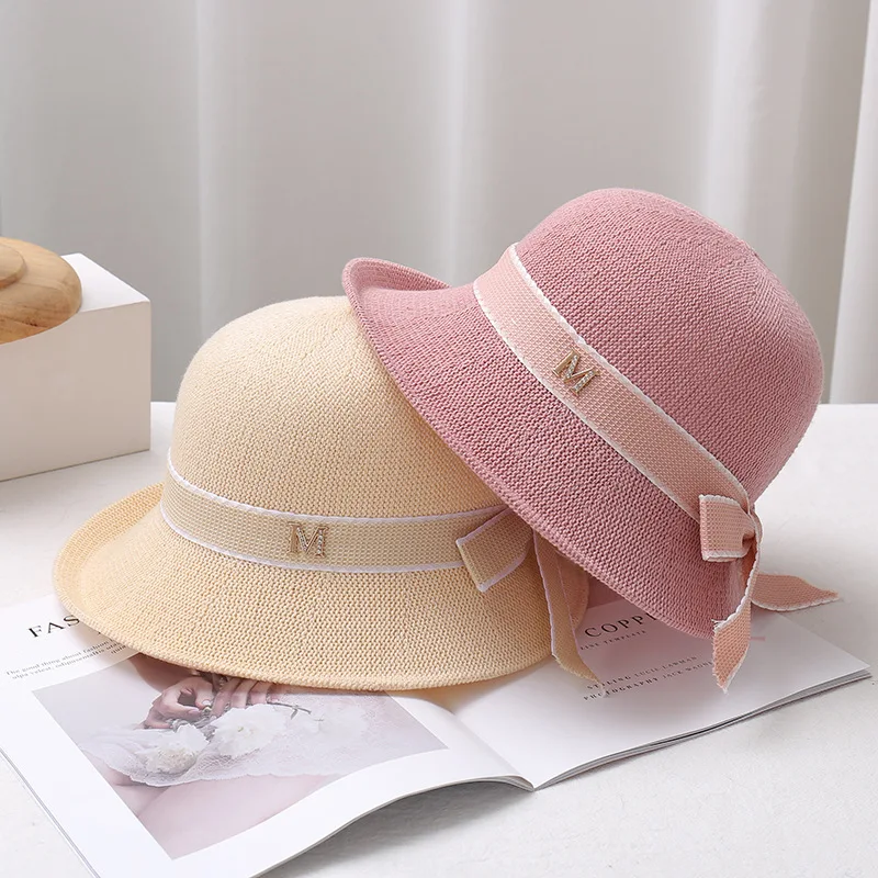 

2023 New Women's Summer Sun Visor M Label Ribbon Bow Small Basin Hat Sweet Style Casual Breathable Fisherman Hat Direct Sales