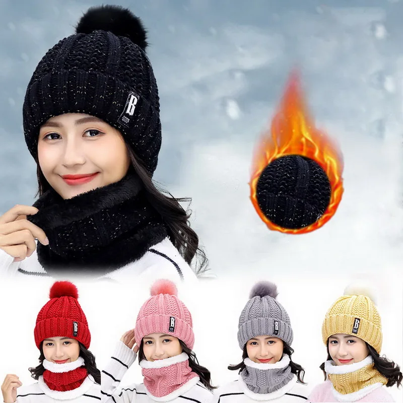 

Women Wool Knitted Hat Ski Hat Sets Windproof Winter Outdoor Knit Thick Siamese Scarf Collar Warm Keep Face Warmer Beanies Hat