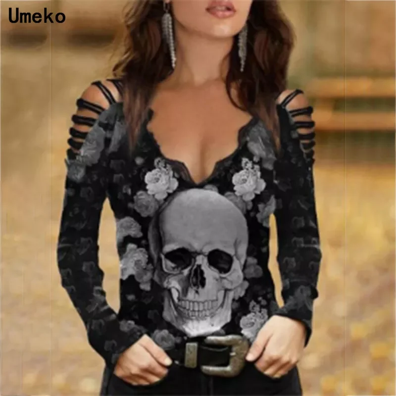 

New Spring Autumn Rose Skulls Cool Goth T-shirt Gothic Women Long Sleeve Tops V-Neck Hollow Out Shoulder Strap Tees Streetwear