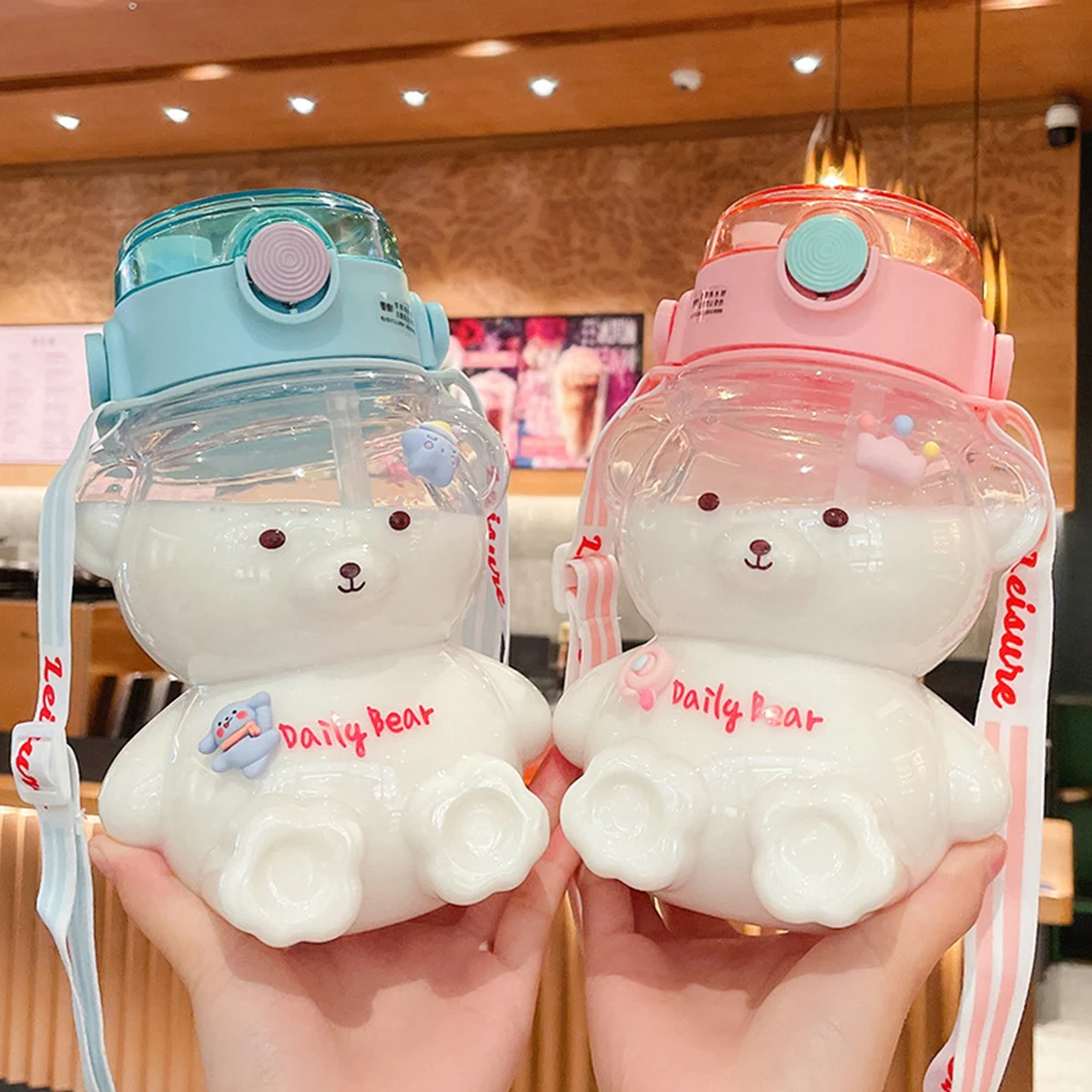 

1200ml Kawaii Bear Water Bottle Cute 3D Stickers Student Girls Summer Plastic Travel Tea Juice Milk Straw Water Cup