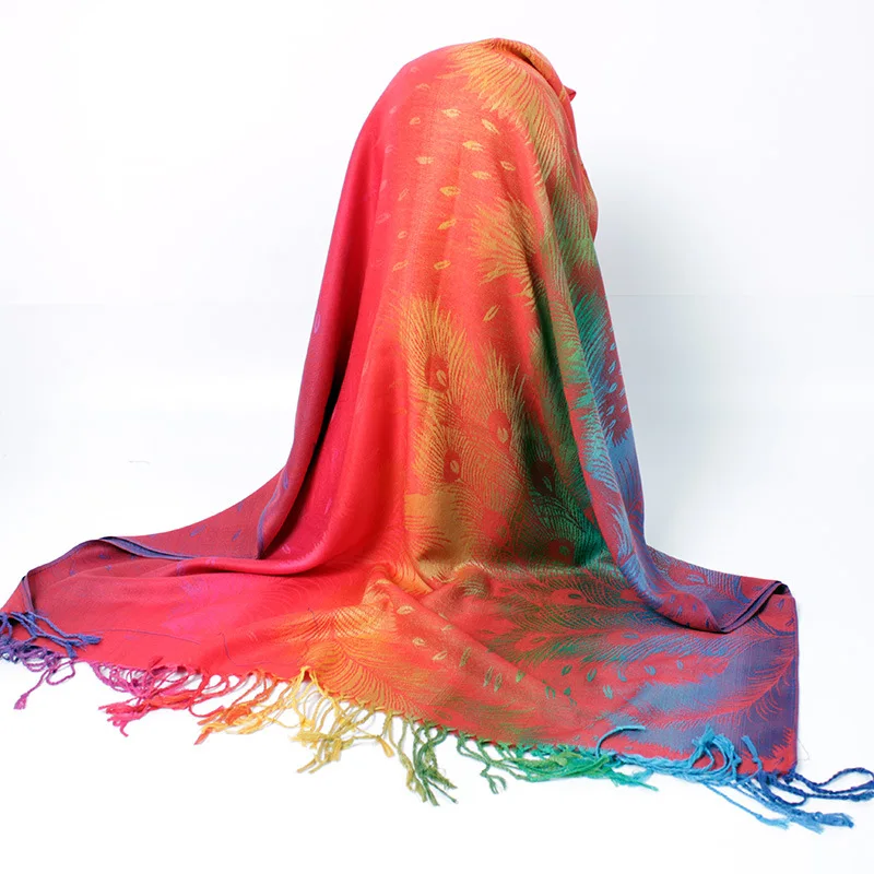 Радужный шарф жаккардовая шаль павлин Пашмина женский платок богемный