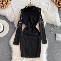 spring 2022 new sexy fashion slim slimming stand up collar hot drill strapless long sleeved short hip dress