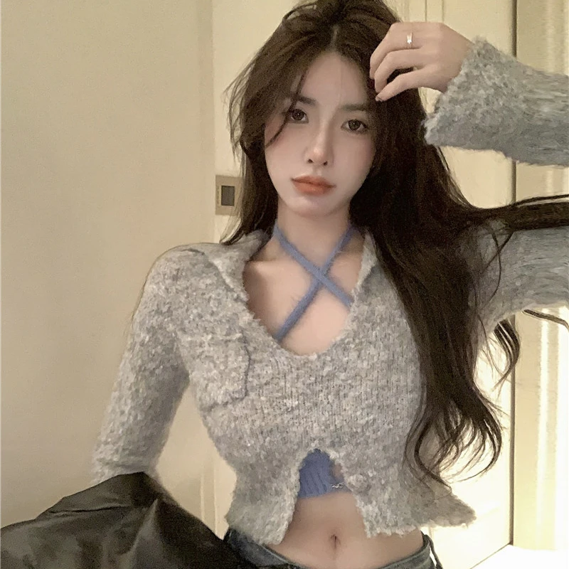 

Женский комплект из 2 предметов, теплый мягкий кашемировый свитер и жилет в Корейском стиле ретро, вязаный облегающий пуловер с длинными рукавами, топы, зима 2023