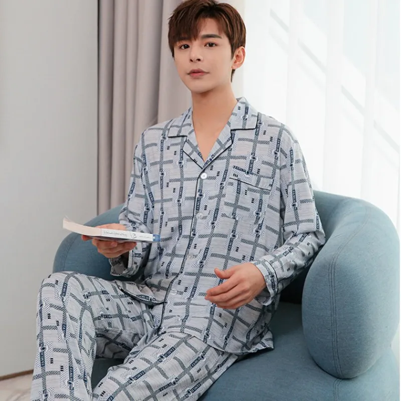 Pajamas for Men Spring and Autumn Long sleeve Cotton silk Nightdress set